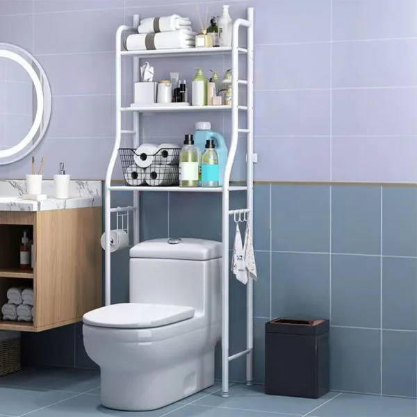 Bathroom Organizer Over Toilet – Metal Rack with Hooks & Paper Holder - Image 2