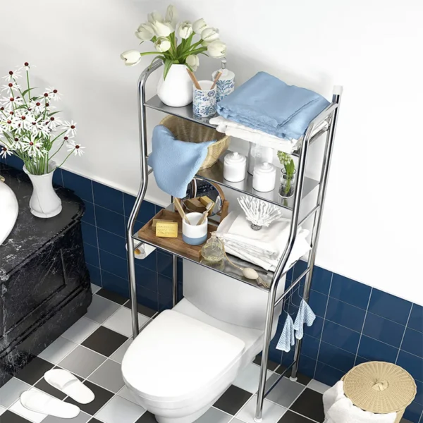 Bathroom Organizer Over Toilet – Metal Rack with Hooks & Paper Holder - Image 4